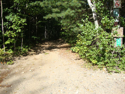 The beginning of the woods road at the end of the private road portion of Pitts Road