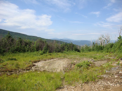 Looking down the logging road just prior to turning onto a cairn-marked herd path