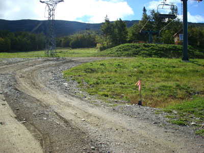 Looking up the hiking path near the base lodge of the ski area