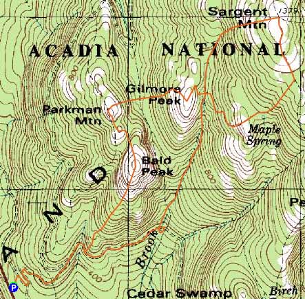 Topographic map of Sargent Mountain, Gilmore Peak, Parkman Mountain, Bald Peak