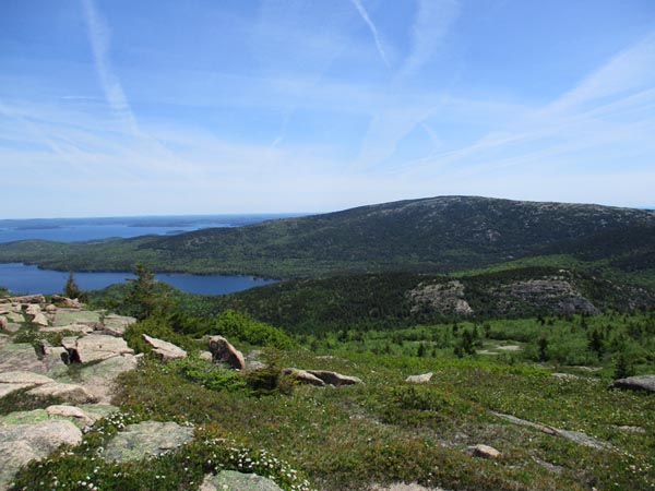 Looking east over the Bubbles at Cadillac Mountain from Sargent Mountain - Click to enlarge