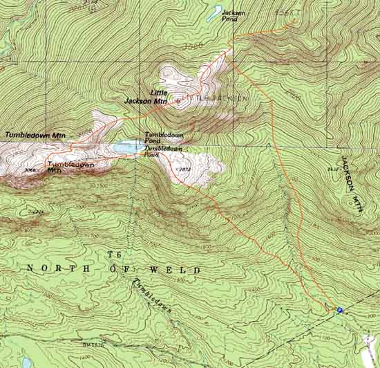 Topographic map of Tumbledown Mountain - West Peak, Tumbledown Mountain, Little Jackson Mountain, Jackson Mountain