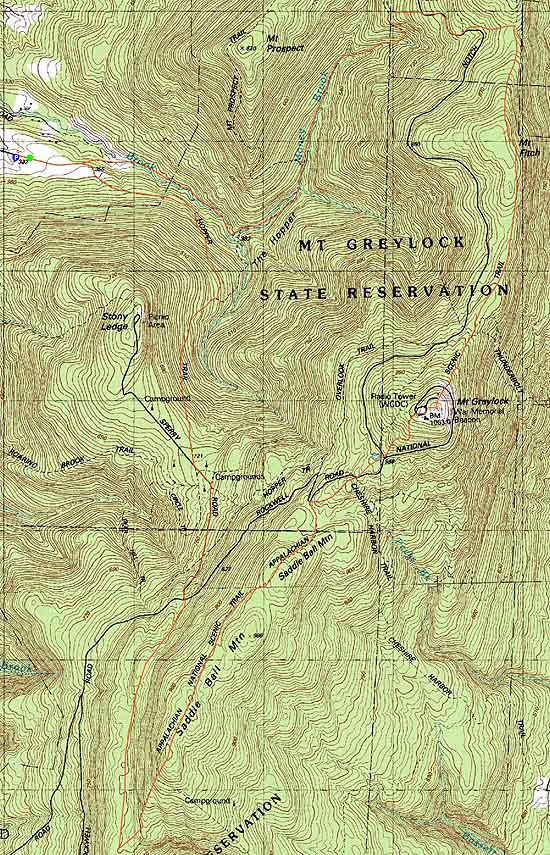 Topographic map of Saddle Ball Mountain, Mt. Greylock, Mt. Fitch