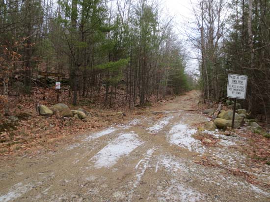 The start of the Bald Ledge Trail at the end of the maintained portion of Sky Pond Road