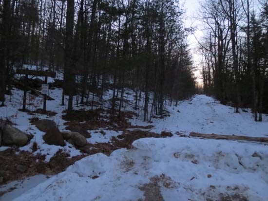 The start of the Bald Ledge Trail at the end of the maintained portion of Sky Pond Road