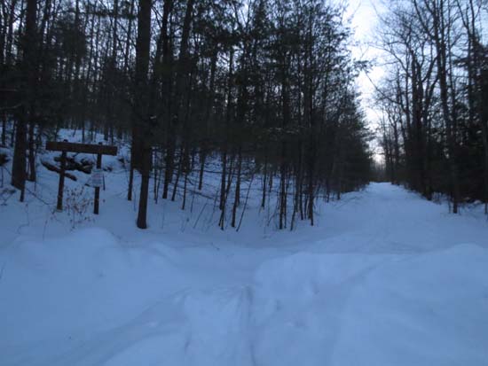 The start of the Bald Ledge Trail at the end of the maintained portion of Sky Pond Road