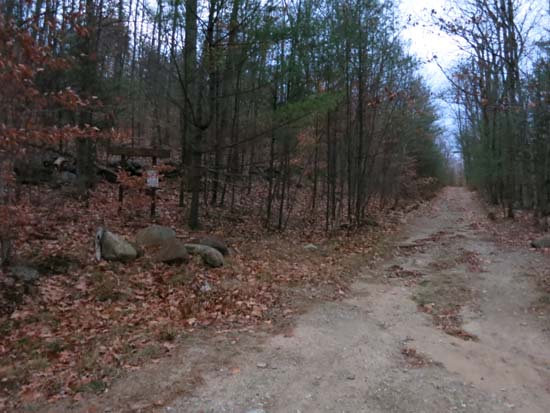 The start of the Bald Ledge Trail at the end of the maintained portion of Sky Pond Road