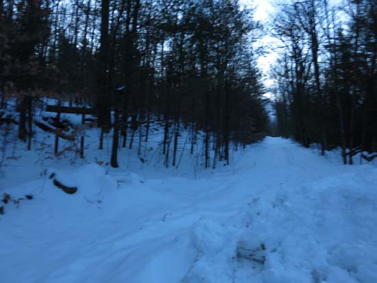 The start of the Bald Ledge Trail at the end of the maintained portion of Sky Pond Road