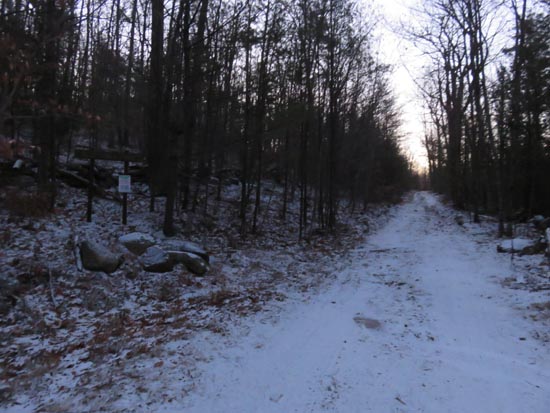 The start of the Bald Ledge Trail at the end of the maintained portion of Sky Pond Road
