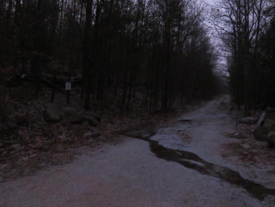 The start of the Bald Ledge Trail at the end of the maintained portion of Sky Pond Road