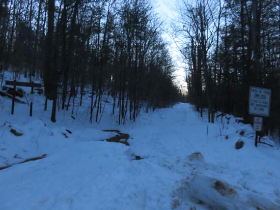 The start of the Bald Ledge Trail at the end of the maintained portion of Sky Pond Road