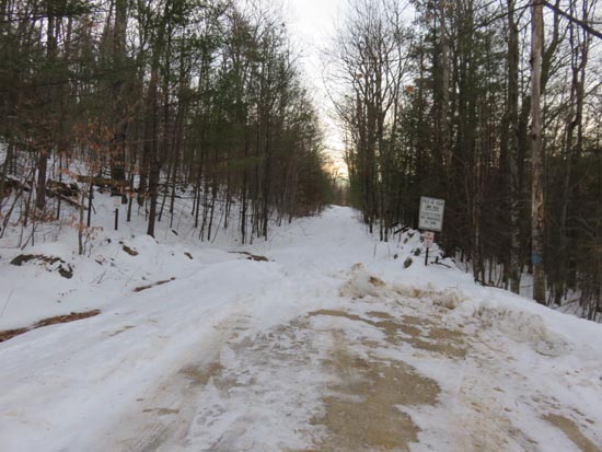 The start of the Bald Ledge Trail at the end of the maintained portion of Sky Pond Road
