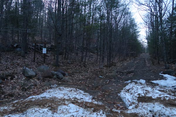 The start of the Bald Ledge Trail at the end of the maintained portion of Sky Pond Road