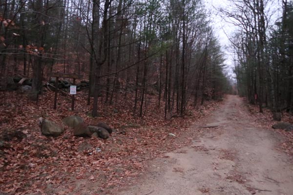 The start of the Bald Ledge Trail at the end of the maintained portion of Sky Pond Road