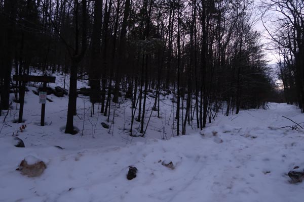 The start of the Bald Ledge Trail at the end of the maintained portion of Sky Pond Road