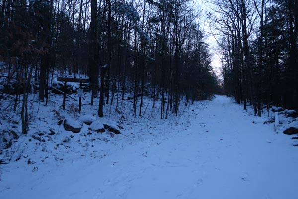 The start of the Bald Ledge Trail at the end of the maintained portion of Sky Pond Road