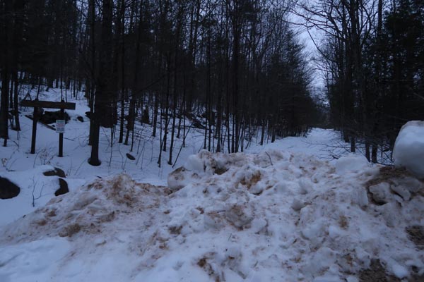 The start of the Bald Ledge Trail at the end of the maintained portion of Sky Pond Road
