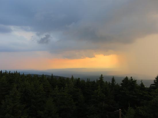 Looking southwest from the Belknap Mountain fire tower as rain approaches - Click to enlarge