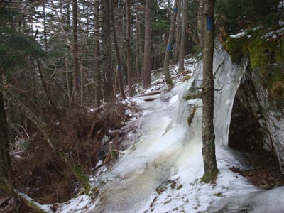 Looking down the icy Banana Trail below Black Snoot