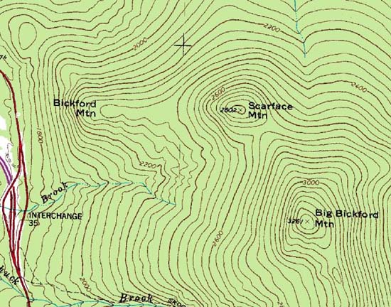 Topographic map of Big Bickford Mountain, Scarface Mountain