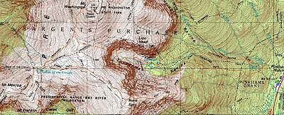 Topographic map of Boott Spur, Mt. Monroe, Mt. Washington - Click to enlarge