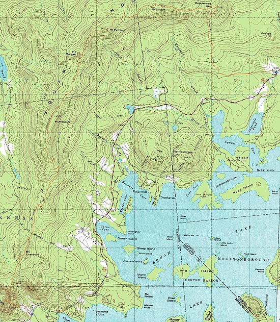 Topographic map of East Doublehead Mountain, West Doublehead Mountain, Mt. Squam, Mt. Percival, Mt. Morgan, Mt. Livermore, Cotton Mountain - Click to enlarge