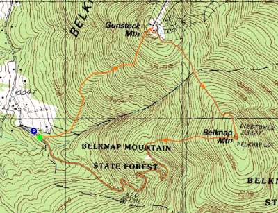 Topographic map of Gunstock Mountain, Belknap Mountain - Click to enlarge
