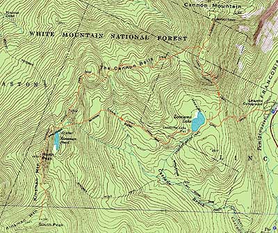 Topographic map of Kinsman Mountain (North Peak), Kinsman Mountain (South Peak), Northeast Cannonball, Cannon Mountain - Click to enlarge