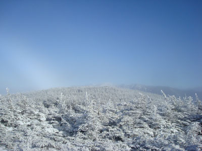 Looking at the Franconia Ridge (snowbow to the left) from near the summit of Kinsman Mountain's South Peak - Click to enlarge