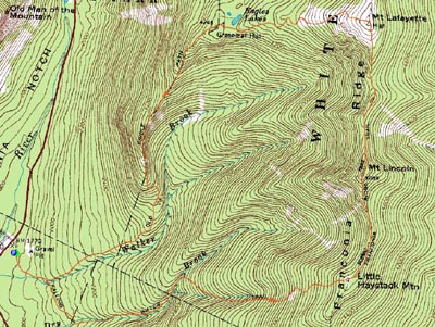 Topographic map of Little Haystack Mountain, Mt. Lincoln, Mt. Truman, Mt. Lafayette - Click to enlarge