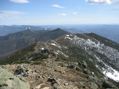 Little Haystack Mountain (peak at end of ridge with snow below it) as seen from the Appalachian/Franconia Ridge Trail