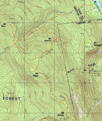 Topographic map of Mt. Avalon, Mt. Field, Mt. Willey, Mt. Tom - Click to enlarge