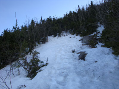 Looking up the Mt. Osceola Trail while crossing the slide