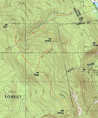 Topographic map of Mt. Field, Mt. Willey, Mt. Tom - Click to enlarge