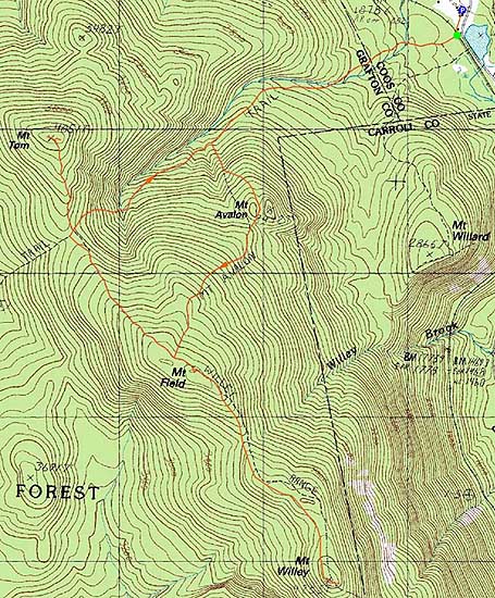 Topographic map of Mt. Field, Mt. Willey, Mt. Tom - Click to enlarge