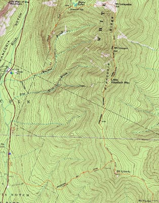 Topographic map of Mt. Lafayette, Mt. Truman, Mt. Lincoln, Little Haystack Mountain, Mt. Liberty, Mt. Flume - Click to enlarge