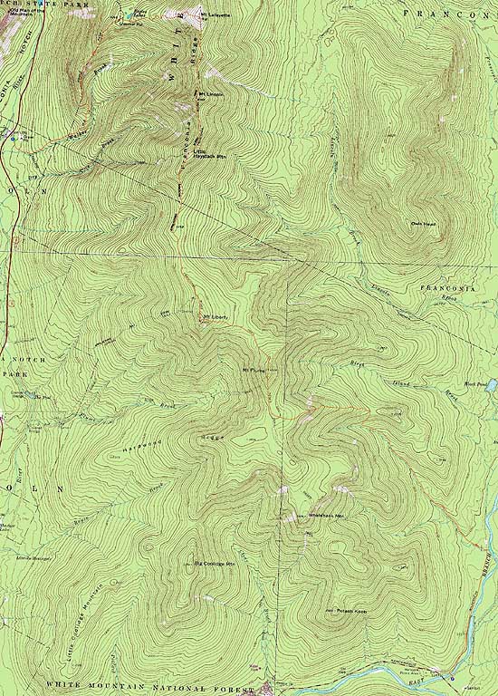 Topographic map of Mt. Lafayette, Mt. Truman, Mt. Lincoln, Little Haystack Mountain, Mt. Liberty, Mt. Flume - Click to enlarge