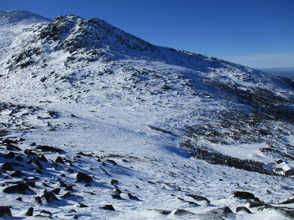 Looking down snowfields on the way to Mt. Madison