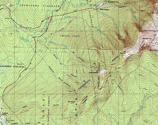 Topographic map of Mt. Monroe, Mt. Franklin, Mt. Eisenhower, Mt. Pierce - Click to enlarge