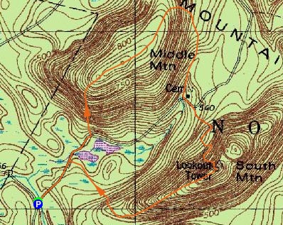 Topographic map of Mt. Pawtuckaway (Middle Peak), Mt. Pawtuckaway (South Peak)