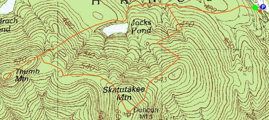 Topographic map of Skatutakee Mountain, Thumb Mountain - Click to enlarge