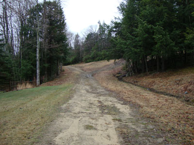 The bottom of the ski trail immediately to the left of the double chairlift