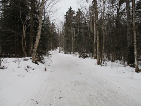 The snowmobile trail toward the col