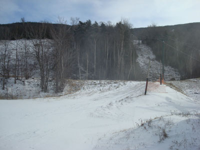 The end (beginning) of Lower Polecat next to the quad-gondola lift