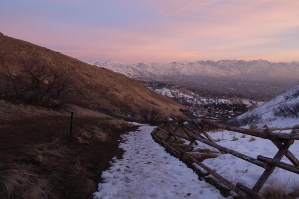 Looking down the trail to Ensign Peak after sunset