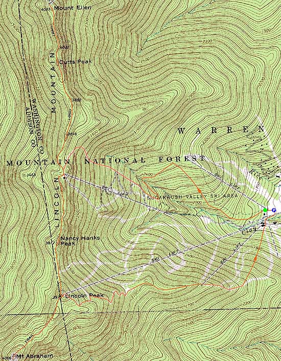Topographic map of Mt. Ellen, Nancy Hanks Peak, Lincoln Peak, Mt. Abraham - Click to enlarge