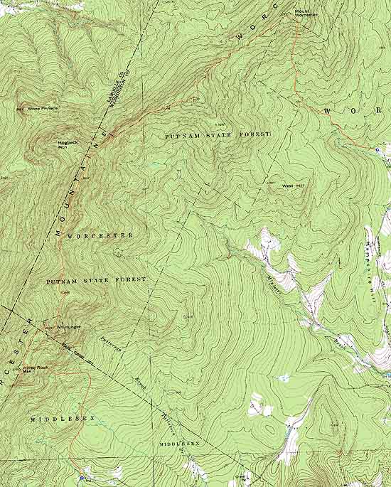 Topographic map of White Rock Mountain, Mt. Hunger, Mt. Putnam, Mt. Worcester (South Peak), Mt. Worcester