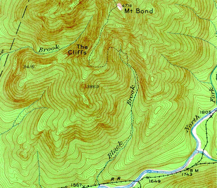 1929 USGS map of Mt. Bond, showing the Bondcliff Trail (after the closure of the North Fork Trail)